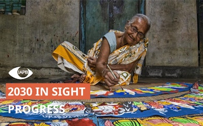 Older woman painting vibrant artwork on the floor, smiling and wearing glasses, with '2030 In Sight Progress' text overlay.